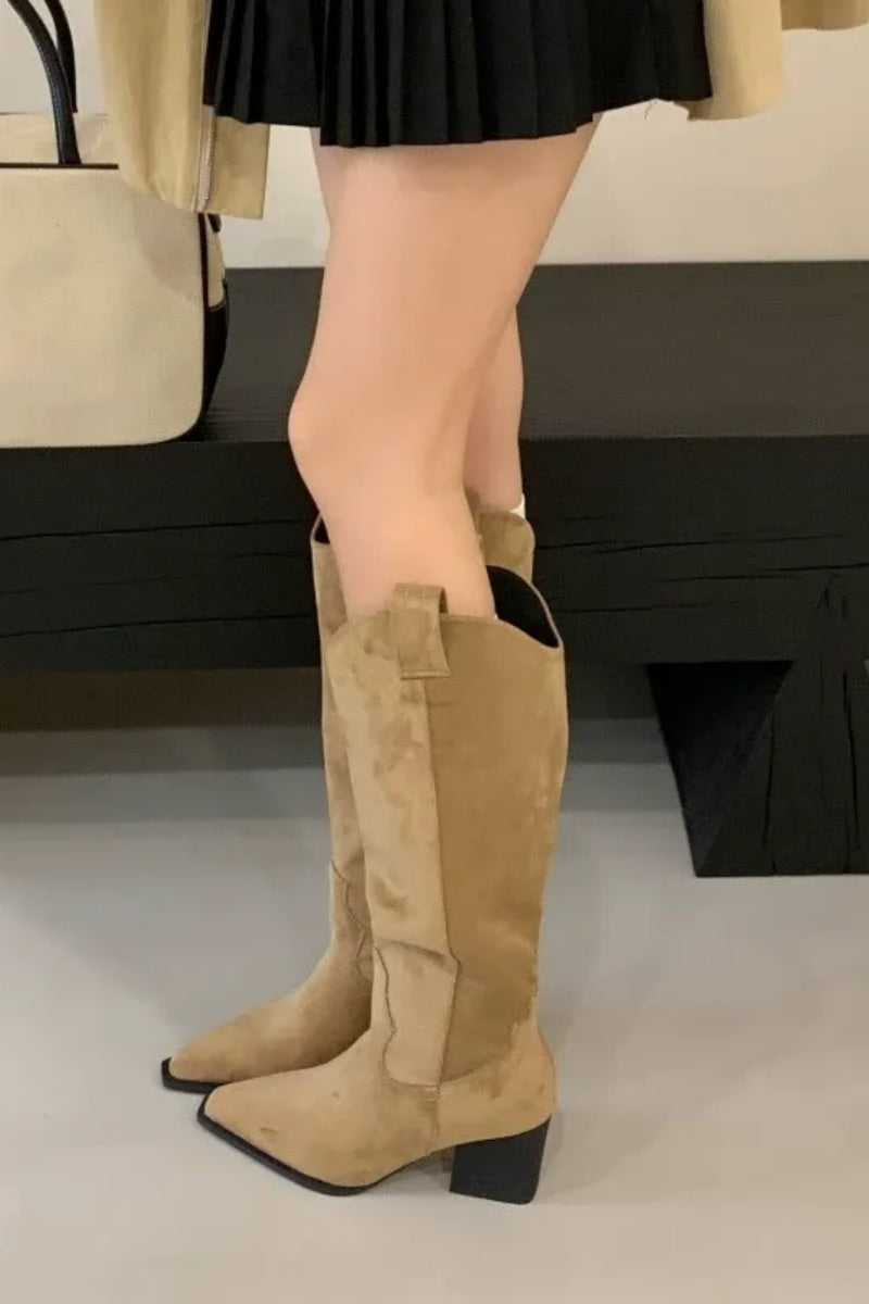 Modern V-Neck Chunky-Heeled High-Top Knight Boots
