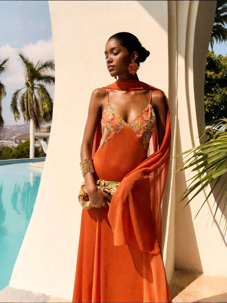 Boho Flower Print V-Neck Satin Slip Maxi-Length Dress