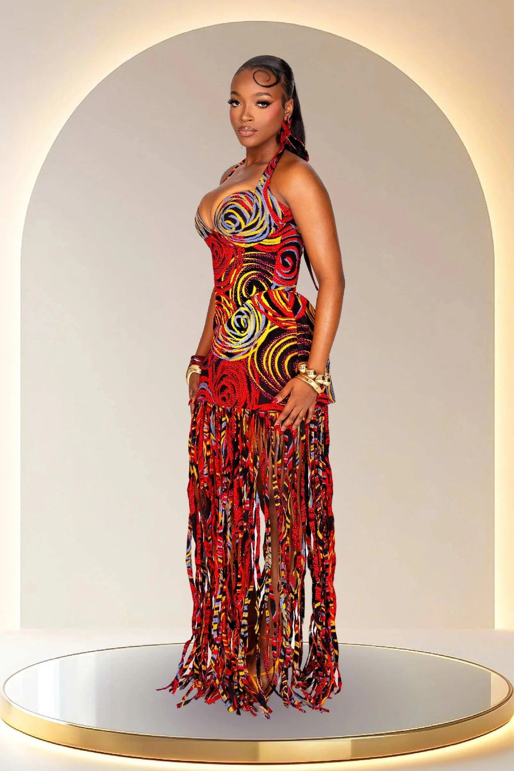 Statement Halter Fringe Maxi-Length Dress