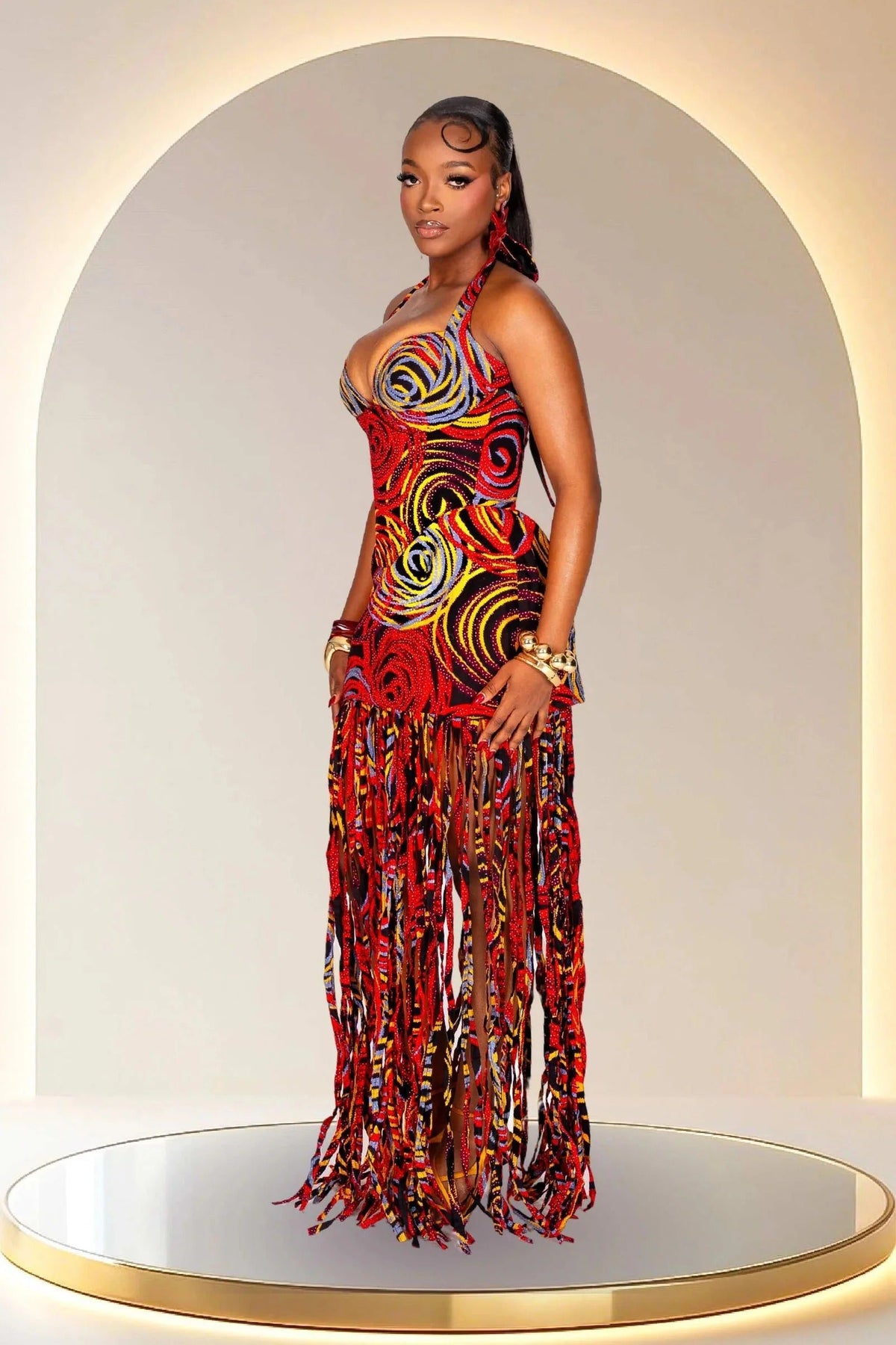 Statement Halter Fringe Maxi-Length Dress