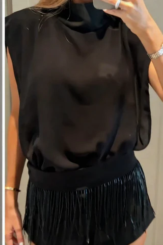 Black High Neck Cut-Out Fringe Shorts Set