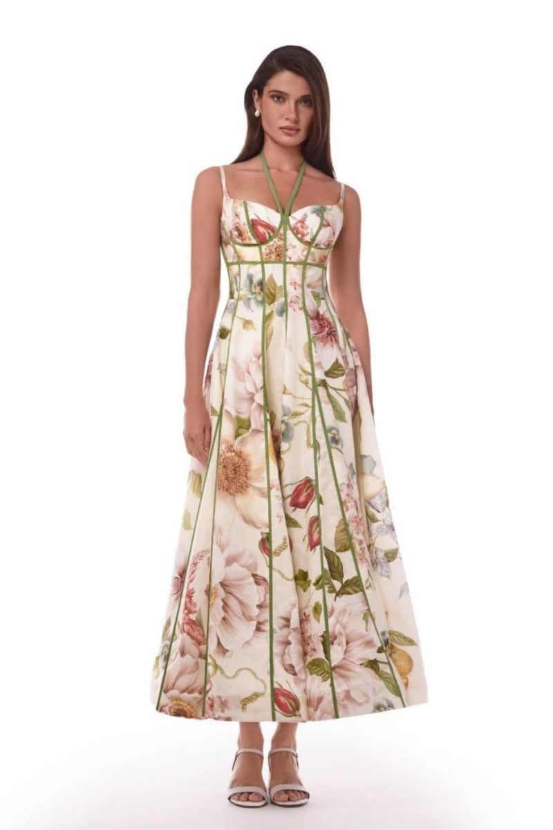 Cream Flower Corset Bustier Midi-Length Dress