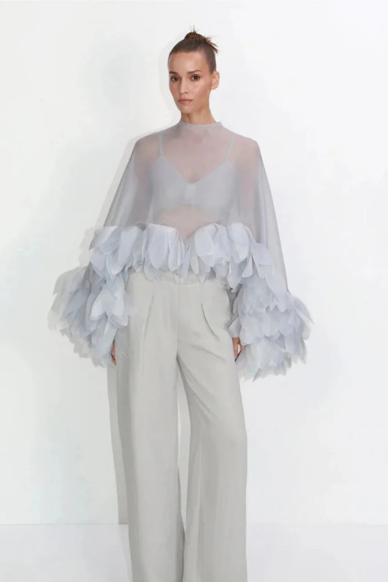 Modern Sheer Organza Petal-Embellished Cape Top