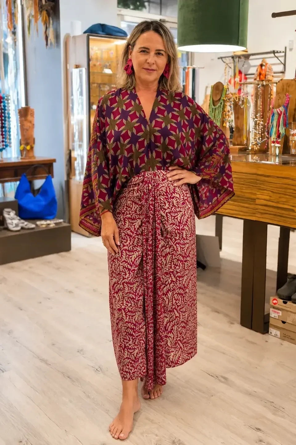 Patterned Kimono Midi-Length Dress