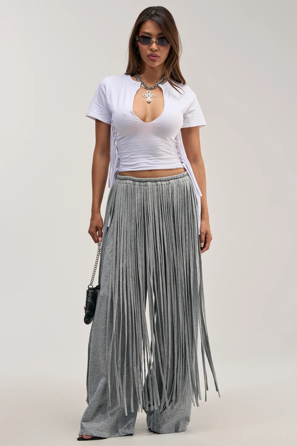 Gray Heavy Fringe Wide-Leg Trousers