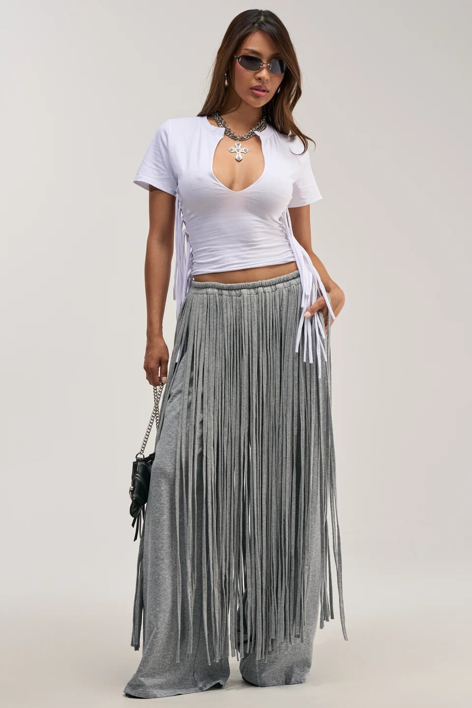 Gray Heavy Fringe Wide-Leg Trousers