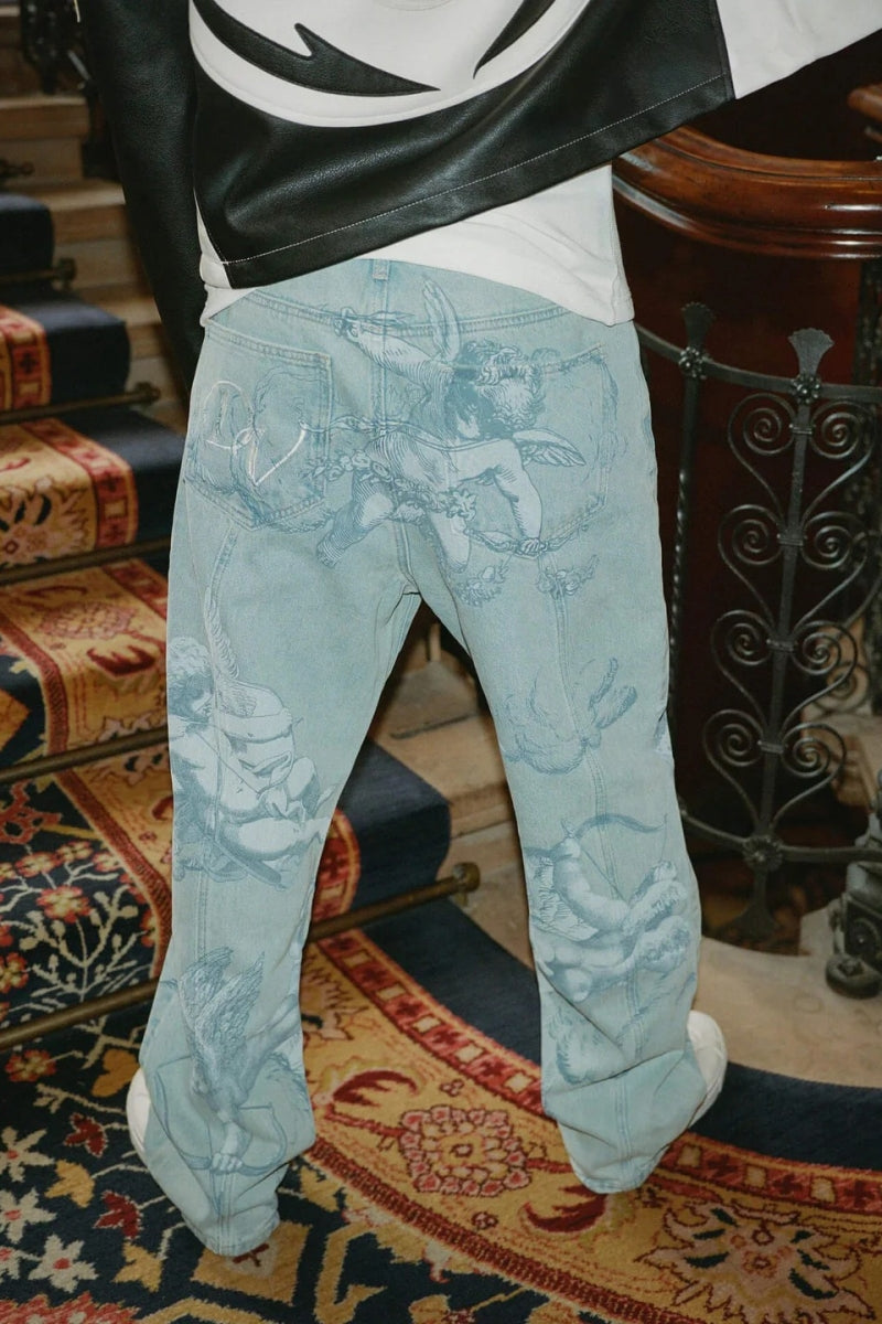Modern Cupid Print Washed Blue Jeans