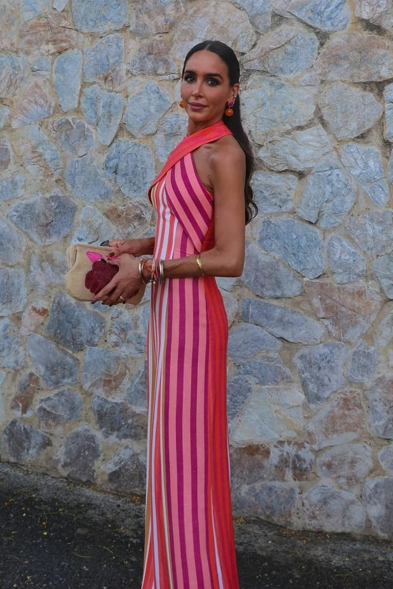 Modern Sunset Samba Cross-Halter Stripe Dress