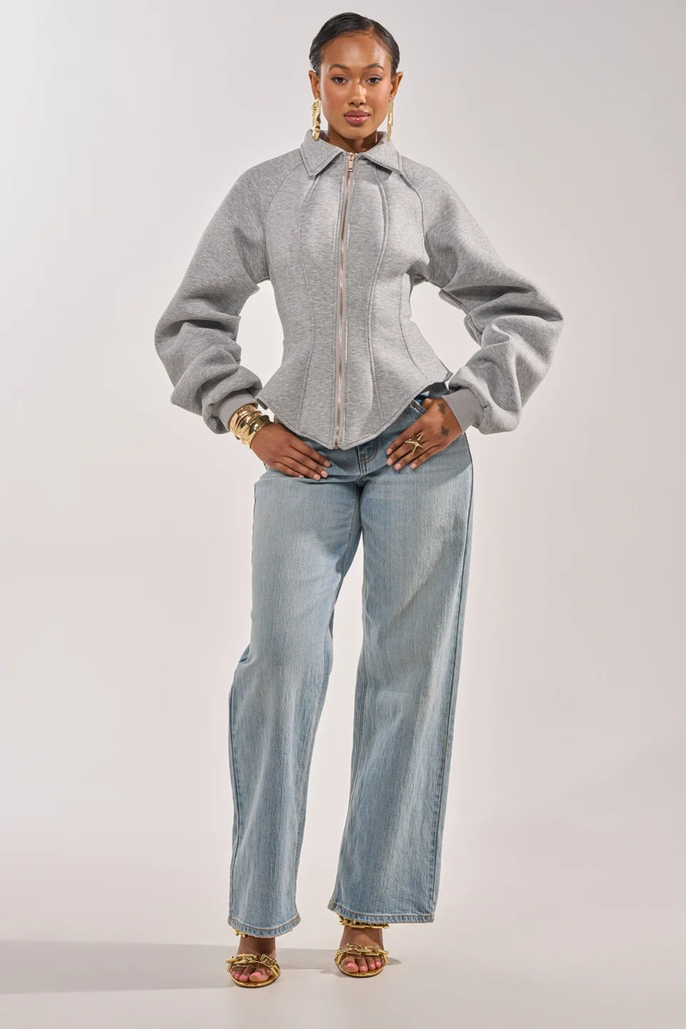 Gray Corset Waist Zip-Front Jacket