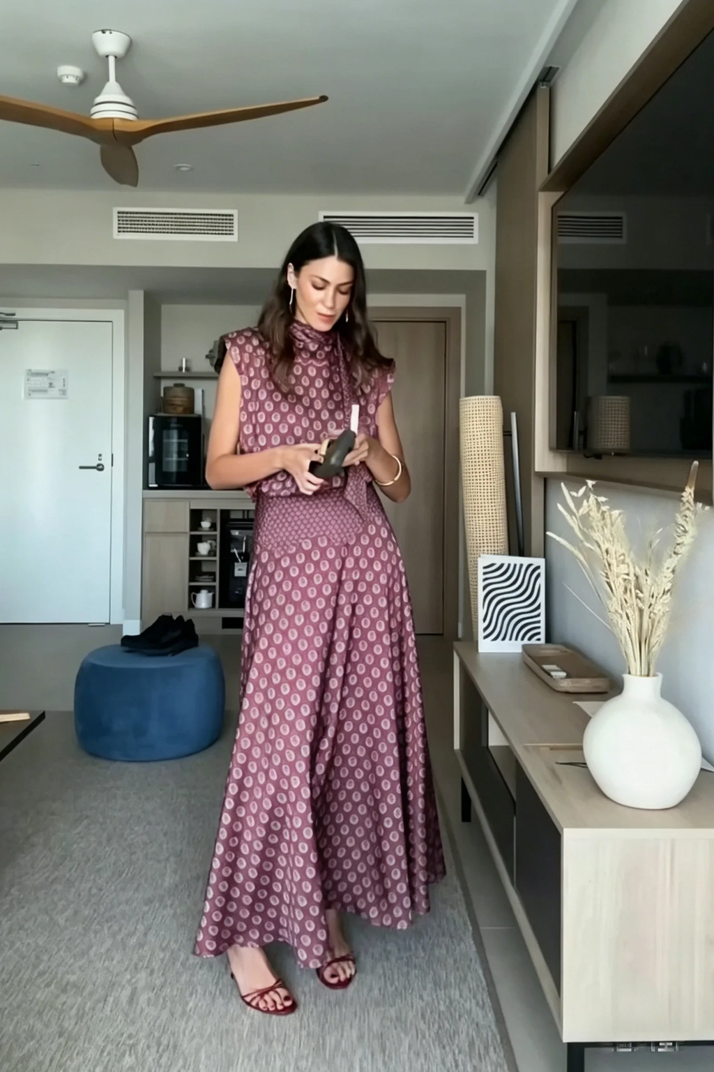 Coordinated Retro Print Scarf Neck Top & Flowing Maxi Skirt Two-Piece Set