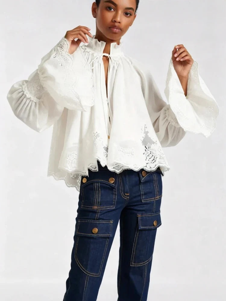 Modern Lace-Trim Poet Sleeve Cotton Blouse