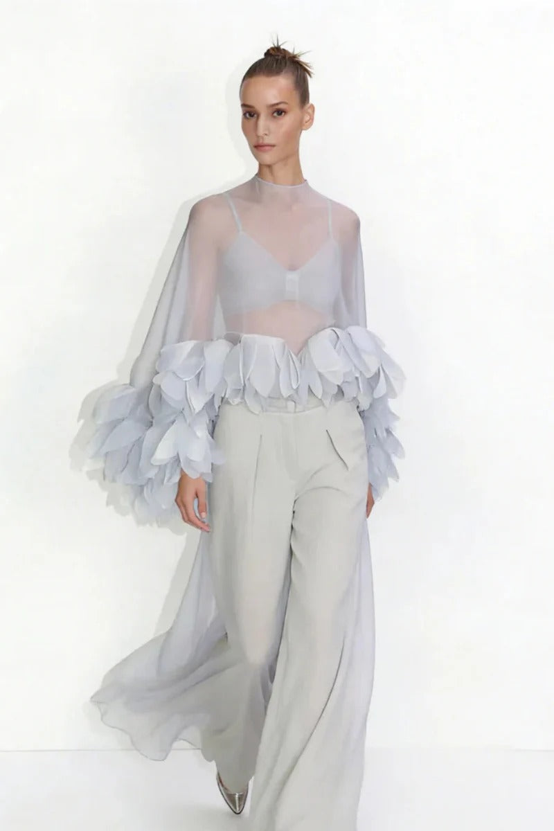 Modern Sheer Organza Petal-Embellished Cape Top