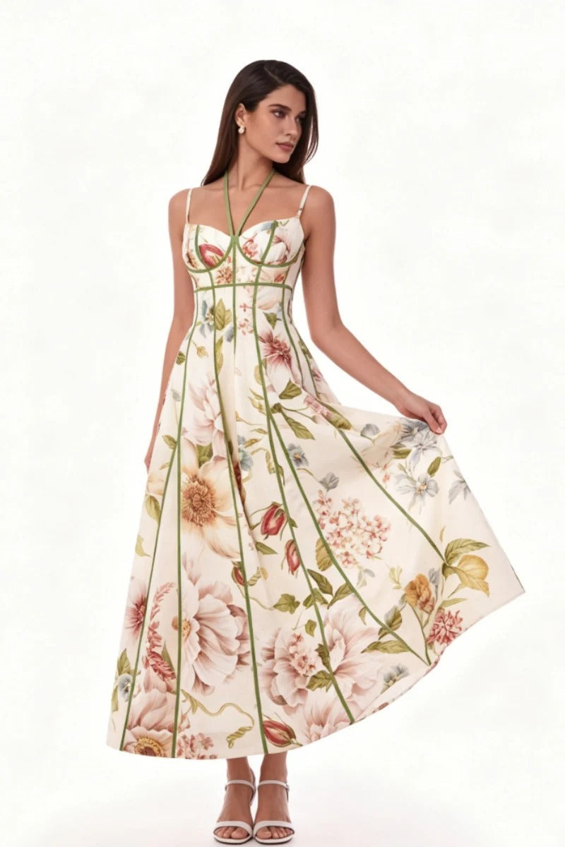 Cream Flower Corset Bustier Midi-Length Dress