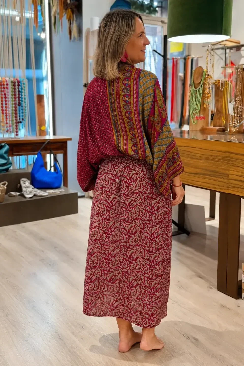 Patterned Kimono Midi-Length Dress