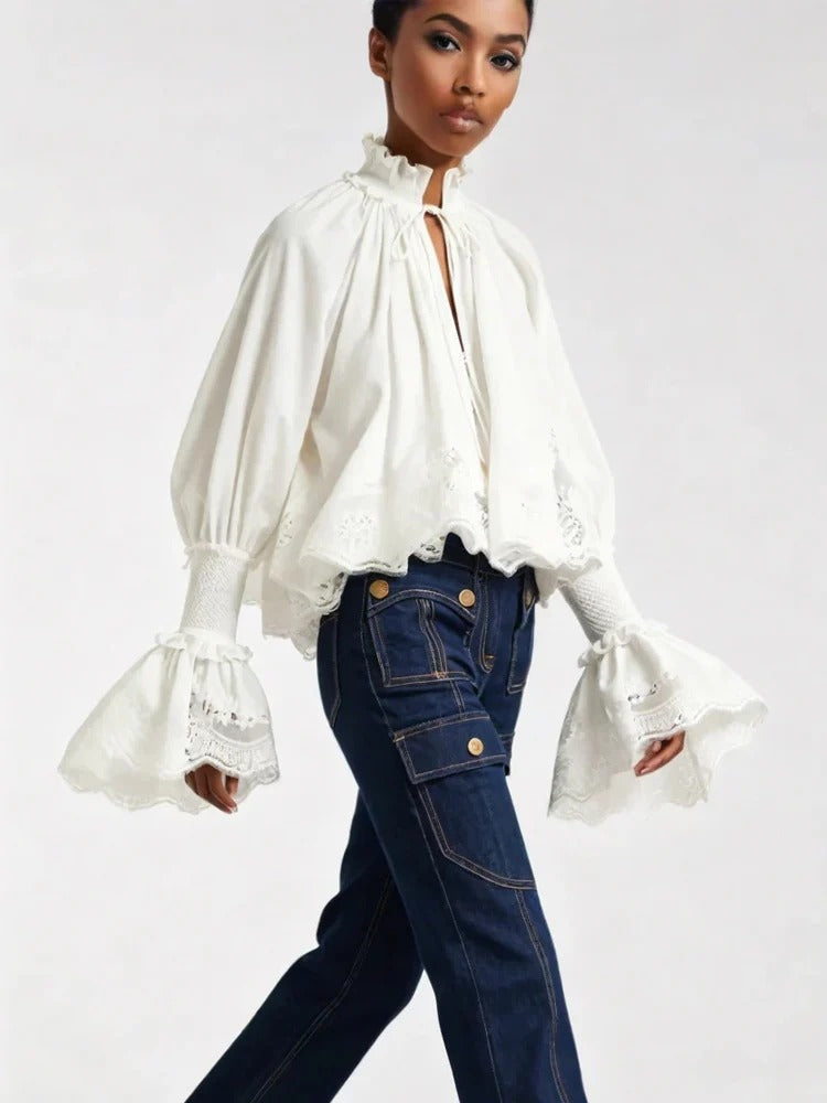 Modern Lace-Trim Poet Sleeve Cotton Blouse