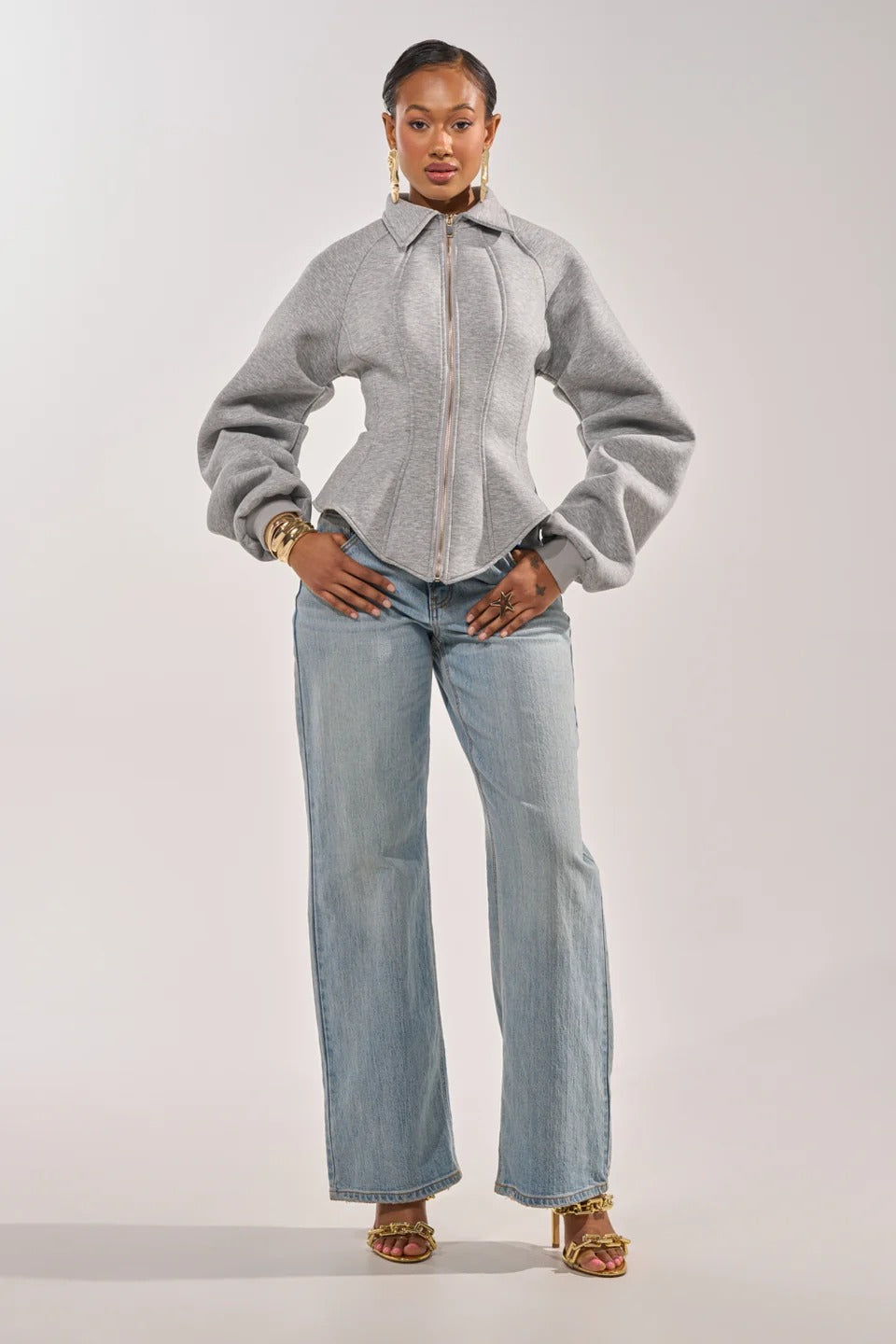 Gray Corset Waist Zip-Front Jacket