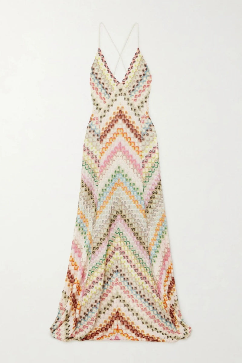 Knit Colorful Herringbone Print Open Beck Maxi-Length Dress