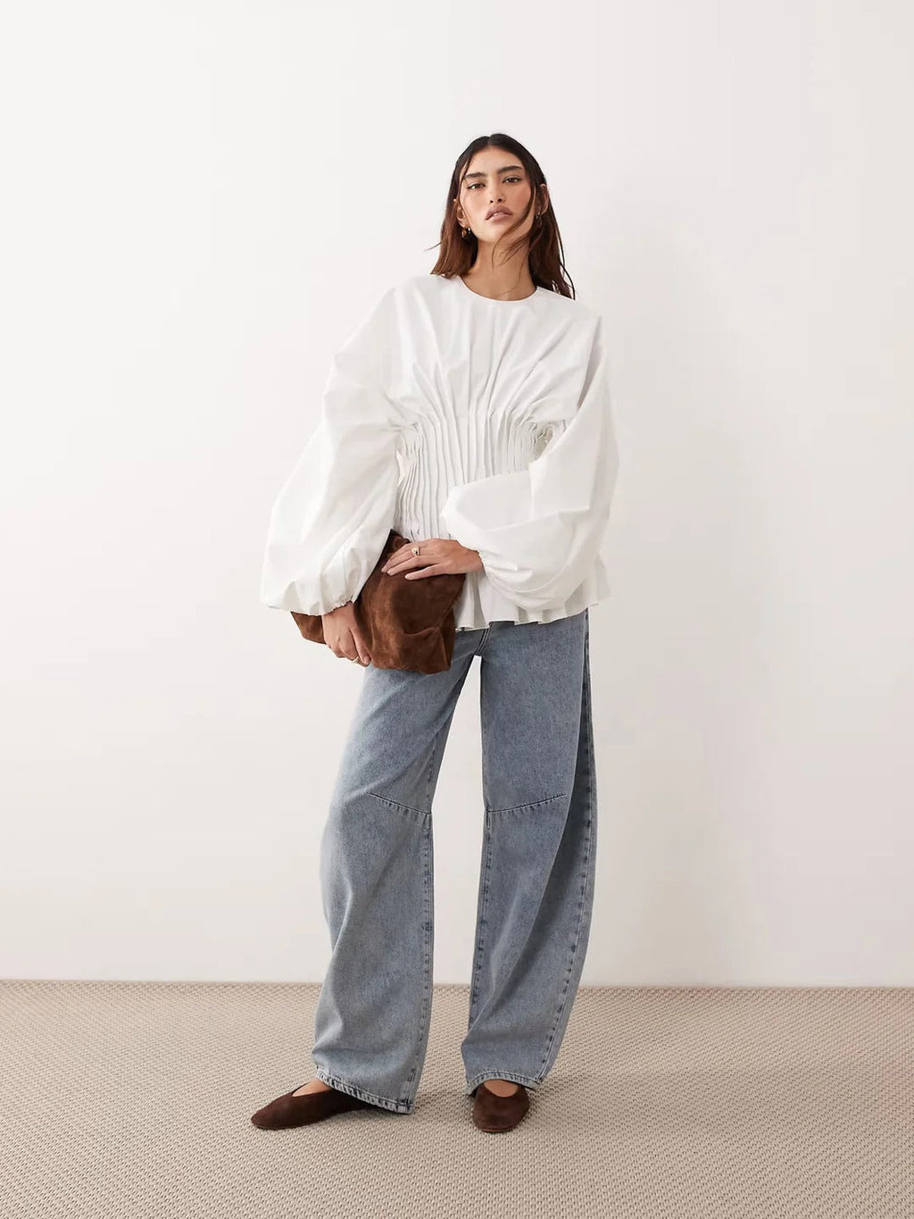 Modern Pintuck Open-Back Peplum Blouse
