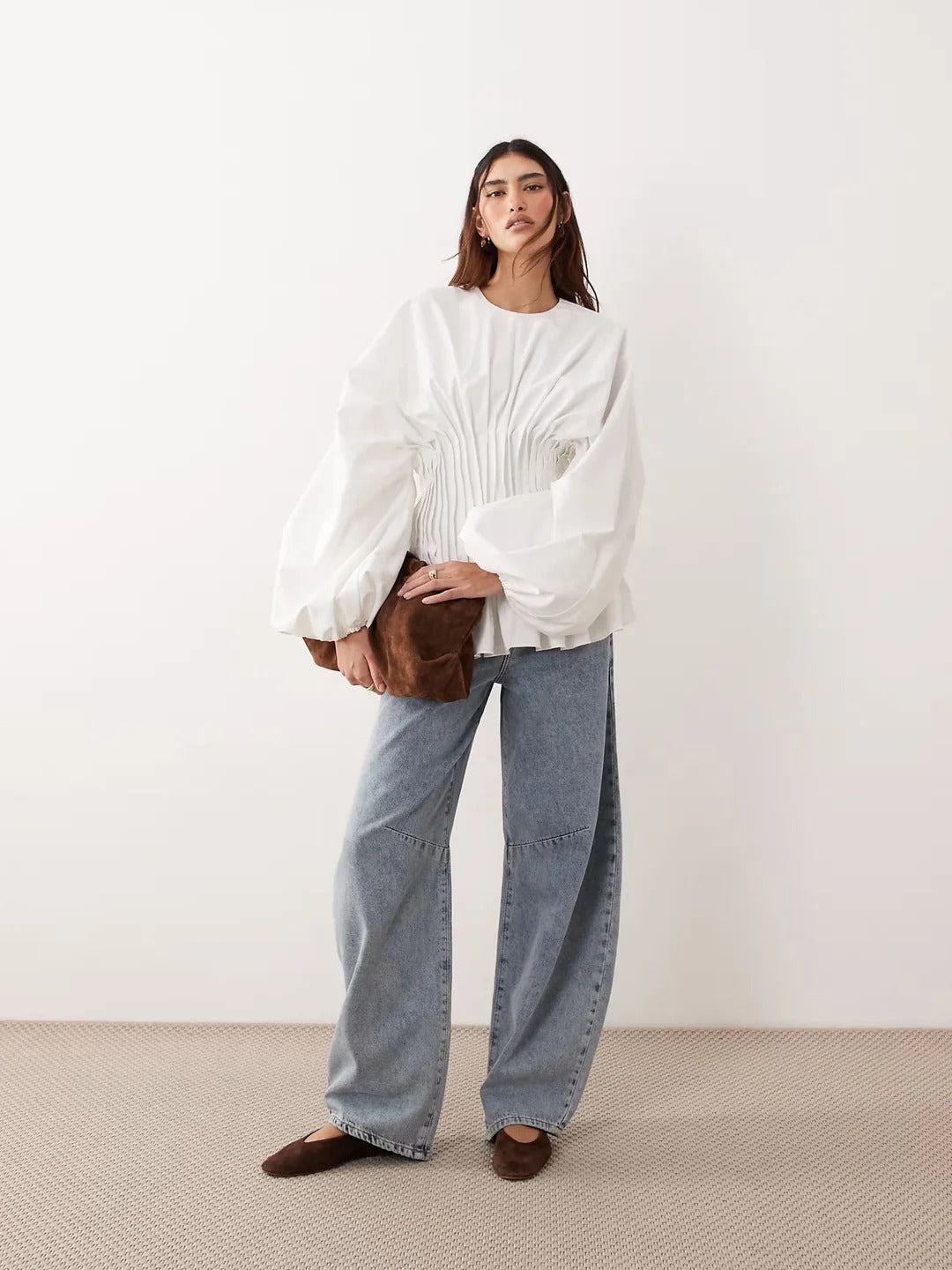 Modern Pintuck Open-Back Peplum Blouse