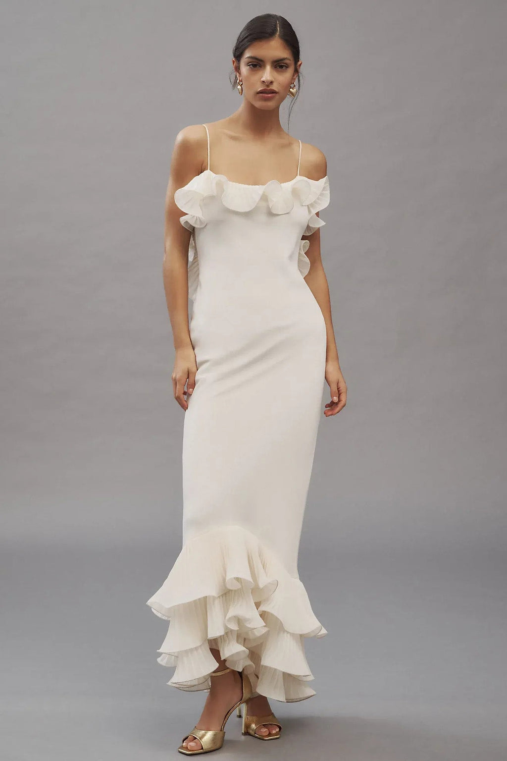 White Ruffled Open Back Slip Maxi-Length Dress