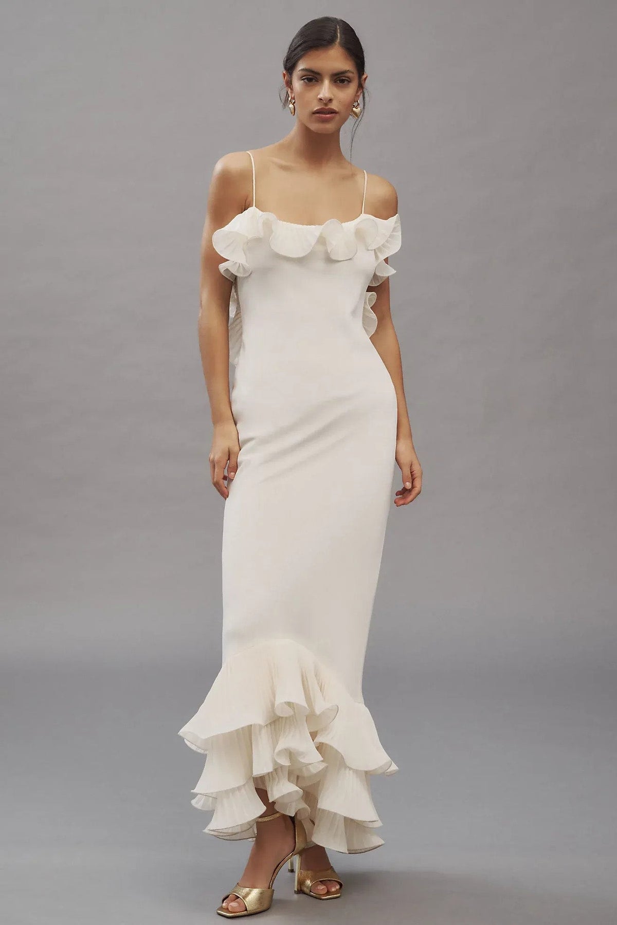 White Ruffled Open Back Slip Maxi-Length Dress