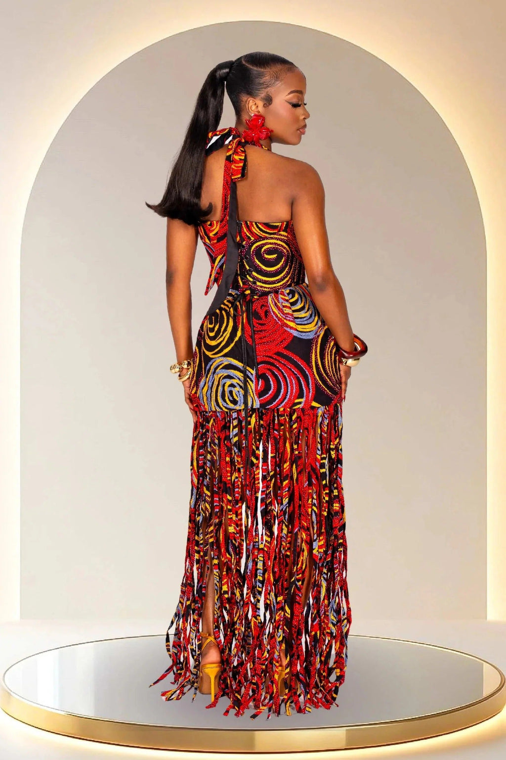 Statement Halter Fringe Maxi-Length Dress