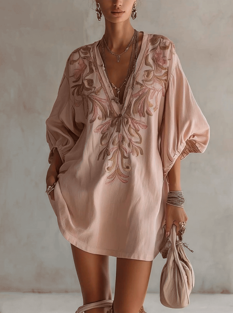 Embroidered Linen Mini-Length Dress