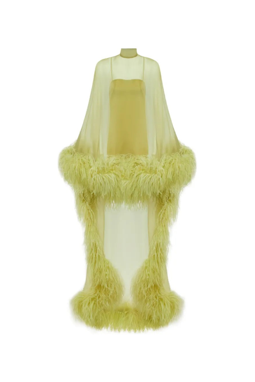 Pale Kiwi Gold Sheer Feather Cape Maxi-Length Dress
