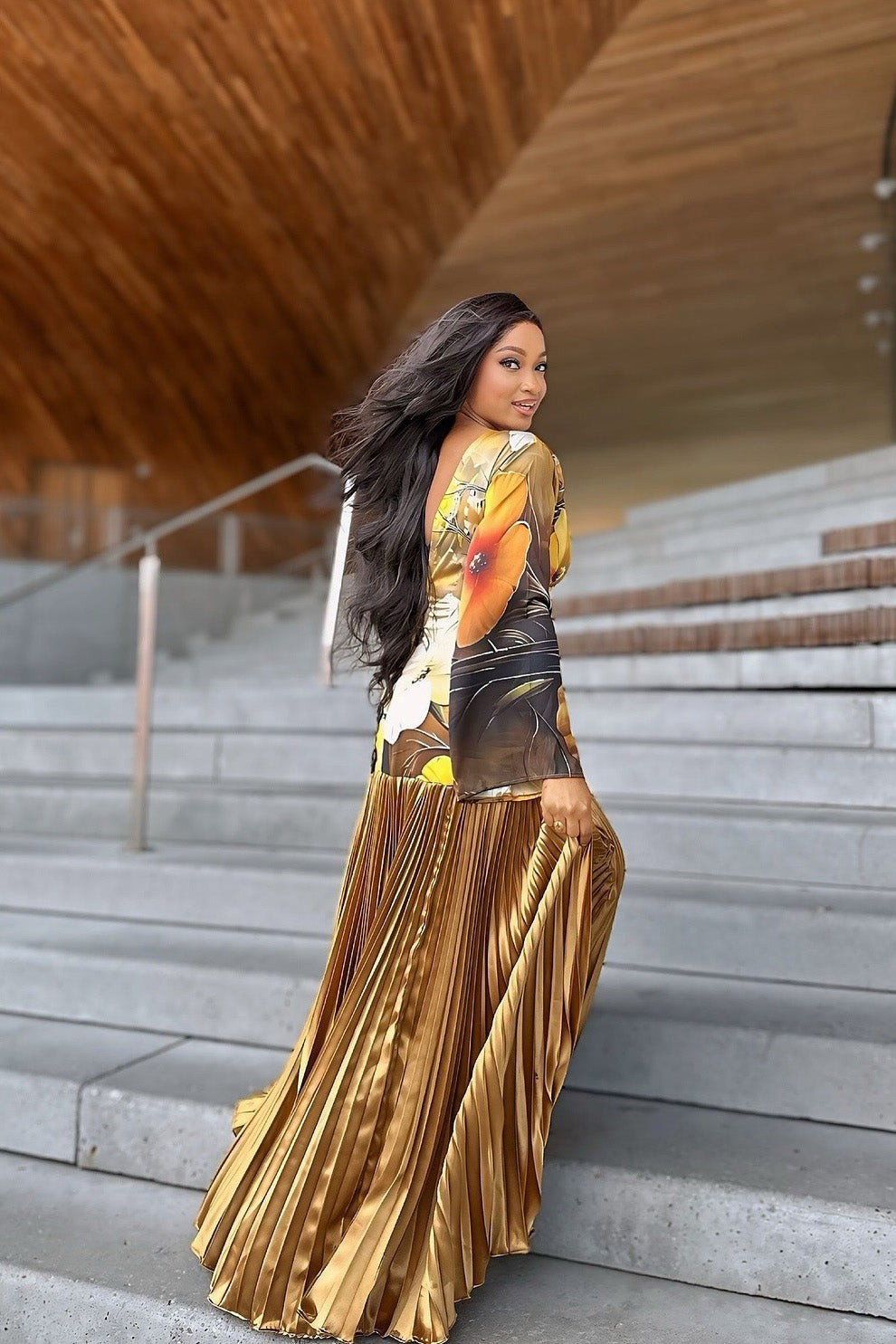 Tropical Wave Pleated Maxi-Length Dress