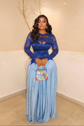 Ocean Blue Pleated Lace Maxi-Length Dress