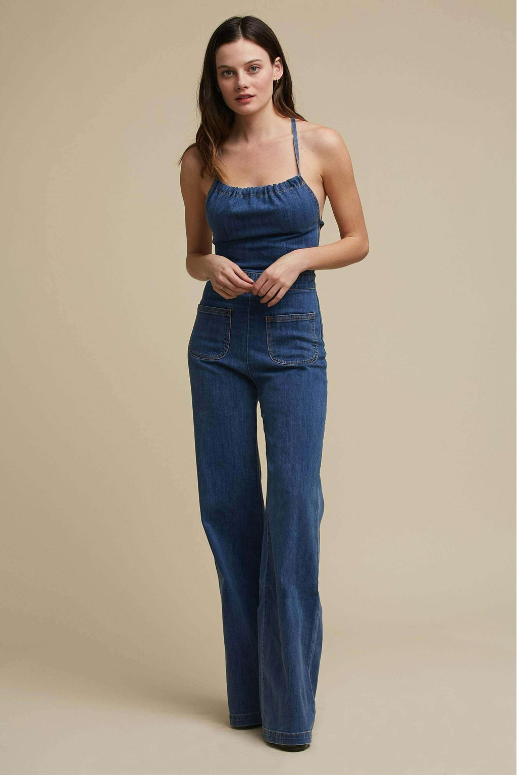 Modern Flared Denim With Tie Back Jumpsuit