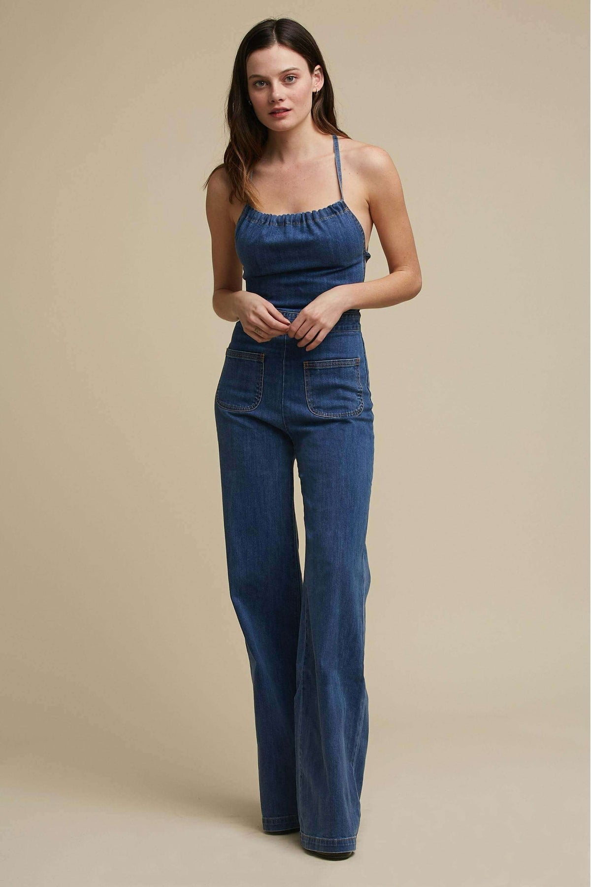 Modern Flared Denim With Tie Back Jumpsuit