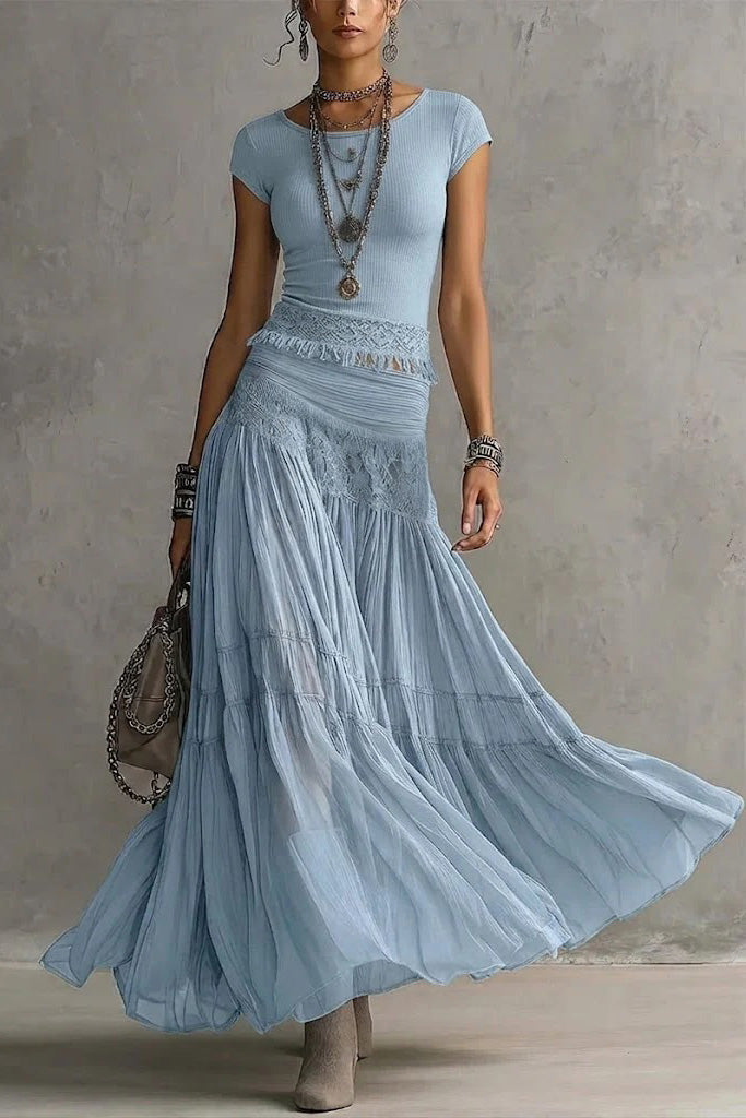 Relaxed Boho Short-Sleeve T-shirt And Skirt Two-Piece Set