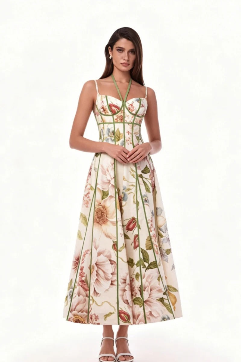Cream Flower Corset Bustier Midi-Length Dress