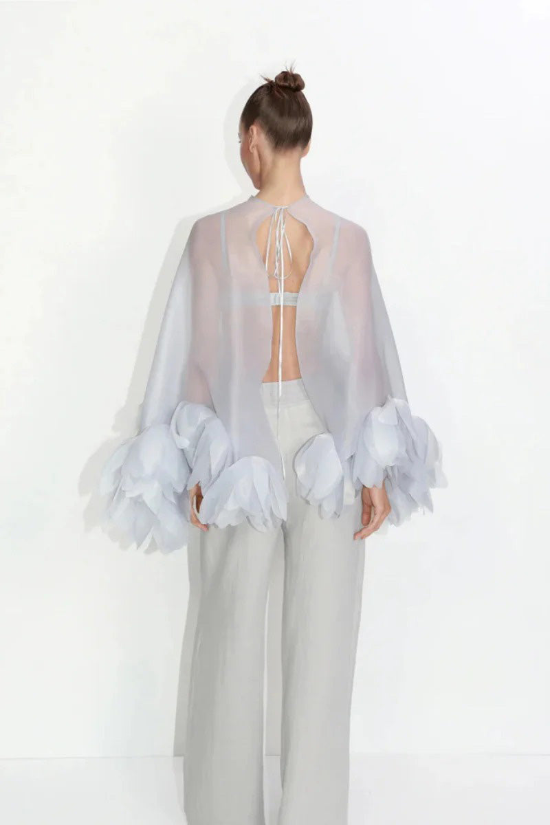 Modern Sheer Organza Petal-Embellished Cape Top