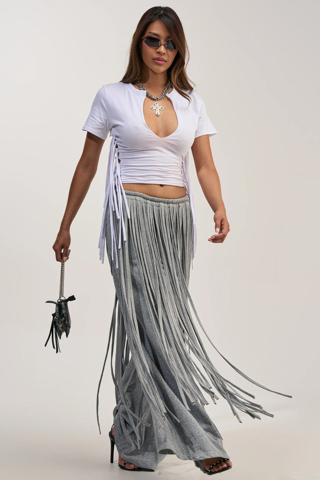 Gray Heavy Fringe Wide-Leg Trousers