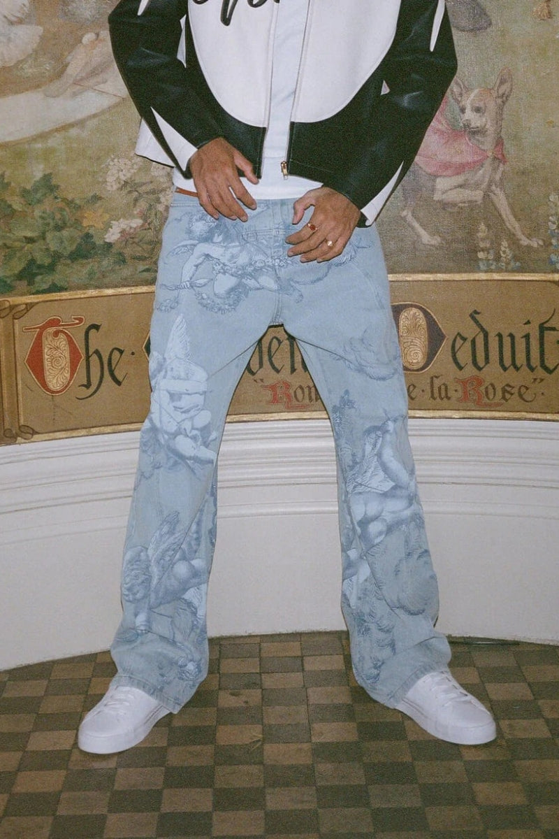Modern Cupid Print Washed Blue Jeans