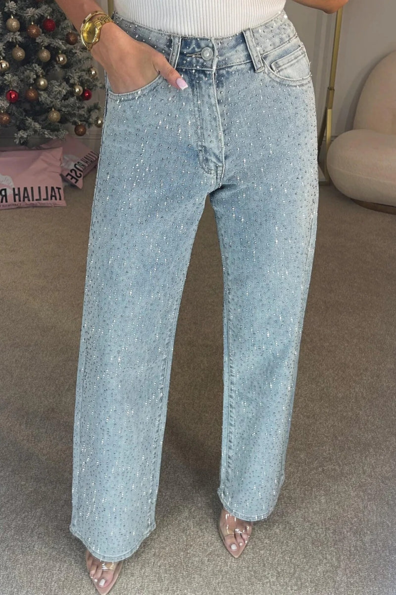 High Waisted Diamante Straight-Leg Jeans