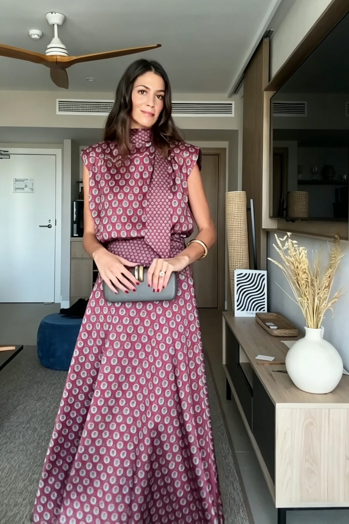 Coordinated Retro Print Scarf Neck Top & Flowing Maxi Skirt Two-Piece Set