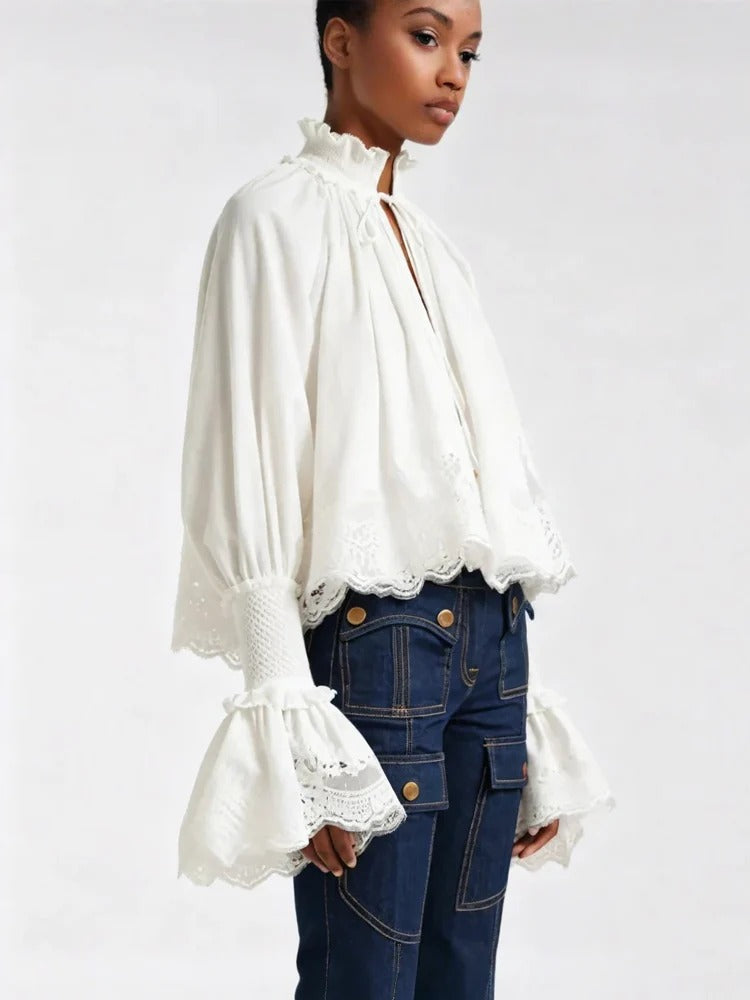 Modern Lace-Trim Poet Sleeve Cotton Blouse