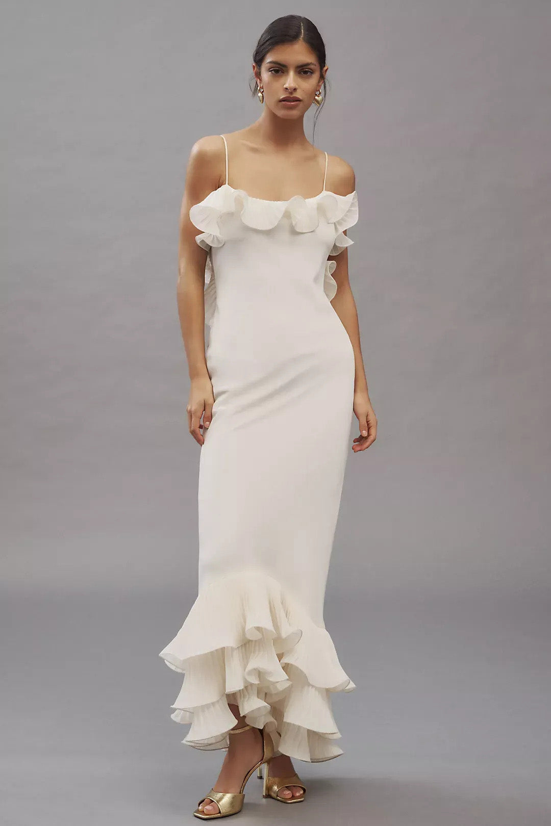 White Ruffled Open Back Slip Maxi-Length Dress