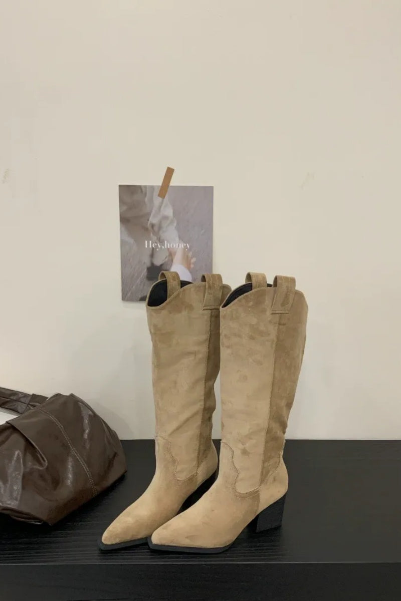 Modern V-Neck Chunky-Heeled High-Top Knight Boots