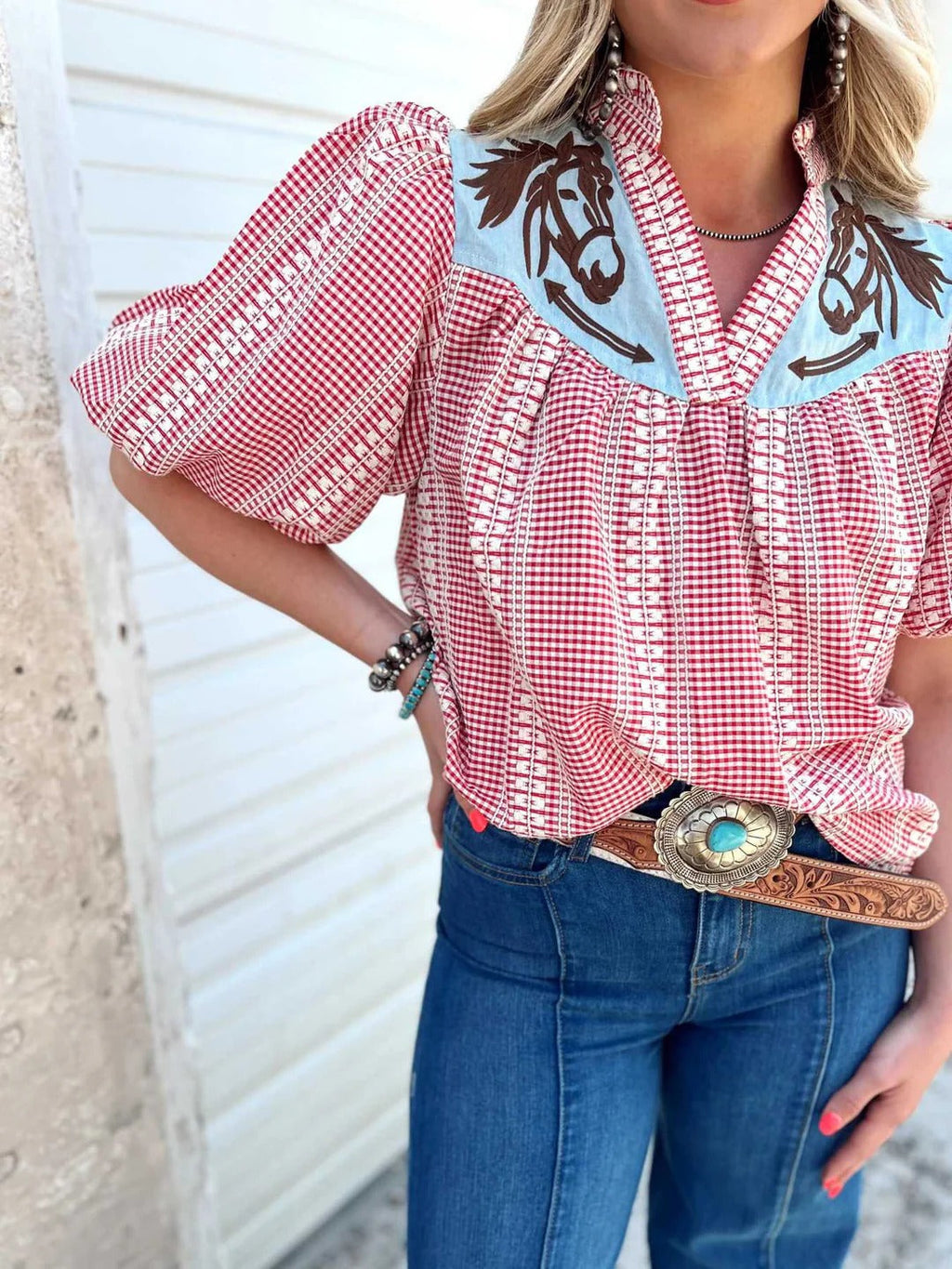 Modern Prairie Horse Gingham Puff Sleeve Blouse