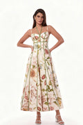 Cream Flower Corset Bustier Midi-Length Dress