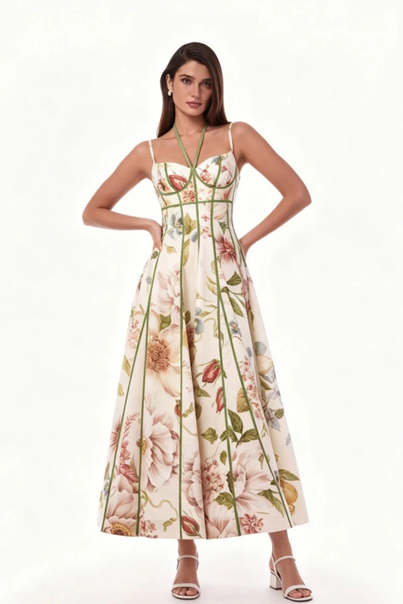 Cream Flower Corset Bustier Midi-Length Dress
