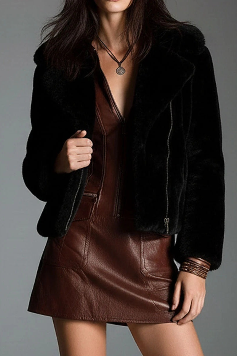 Chocolate Brown Eco Leather Zip-Front Mini-Length Dress With Utility Pockets