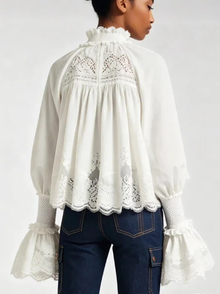 Modern Lace-Trim Poet Sleeve Cotton Blouse