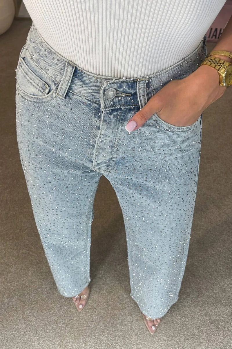 High Waisted Diamante Straight-Leg Jeans