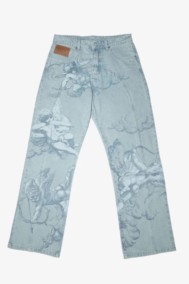 Modern Cupid Print Washed Blue Jeans