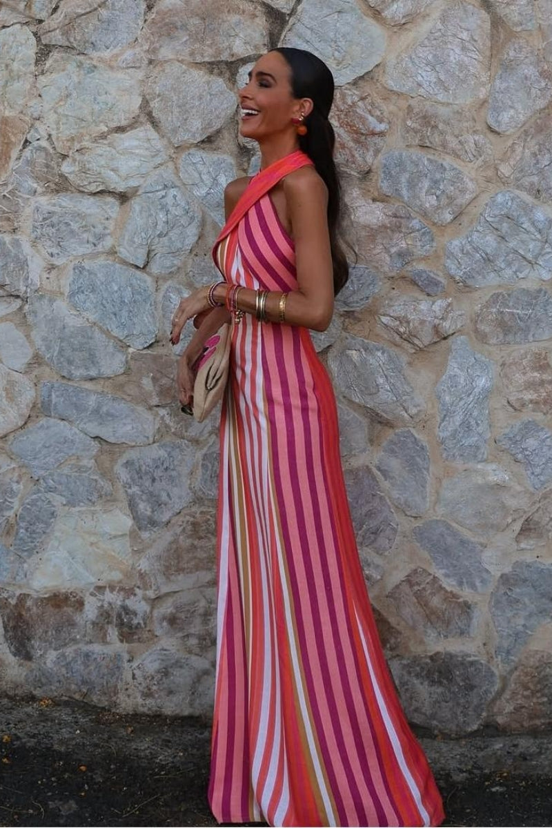 Modern Sunset Samba Cross-Halter Stripe Dress
